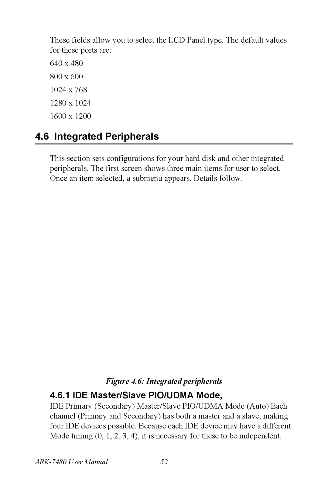 Advantech ARK-7480 manual Integrated Peripherals, IDE Master/Slave PIO/UDMA Mode 