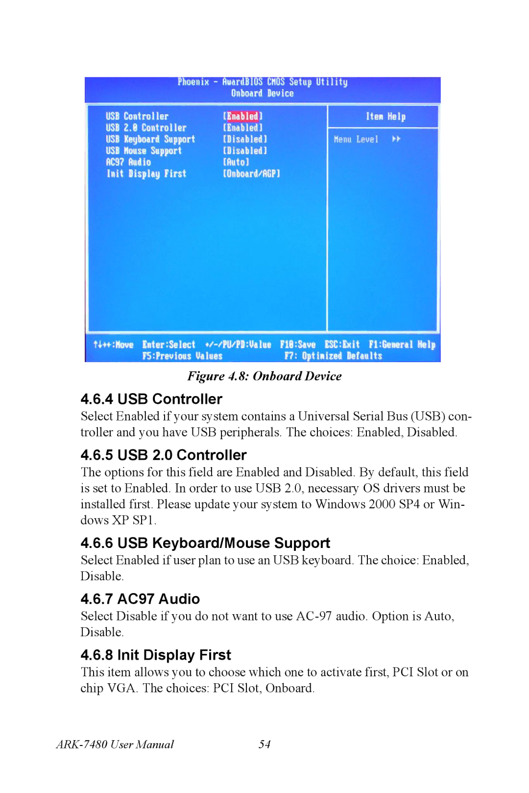 Advantech ARK-7480 manual USB Controller, USB 2.0 Controller, USB Keyboard/Mouse Support, 7 AC97 Audio, Init Display First 