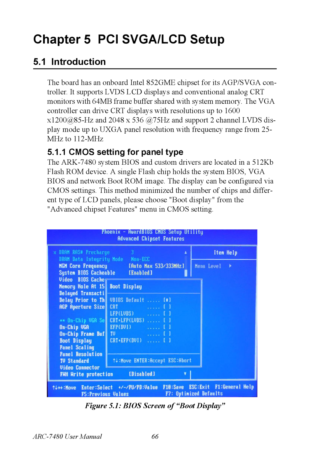 Advantech ARK-7480 manual Cmos setting for panel type, Bios Screen of Boot Display 