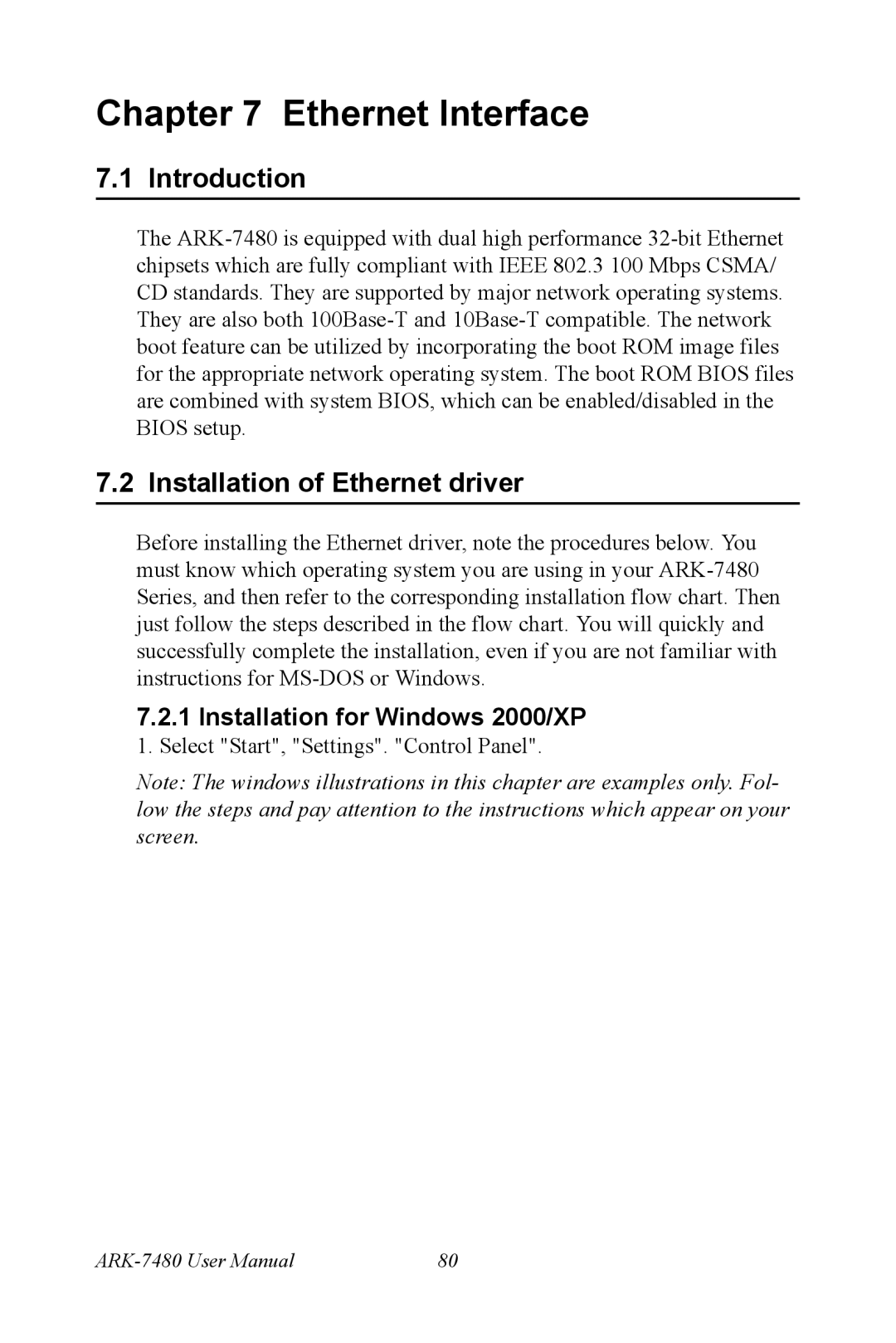 Advantech ARK-7480 manual Installation of Ethernet driver, Installation for Windows 2000/XP 