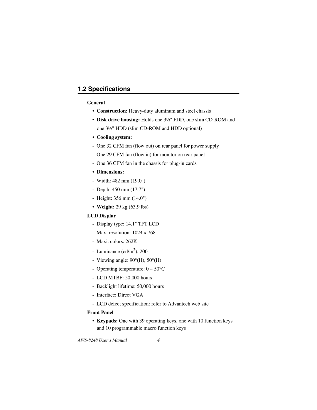 Advantech AWS-8248 user manual Specifications 