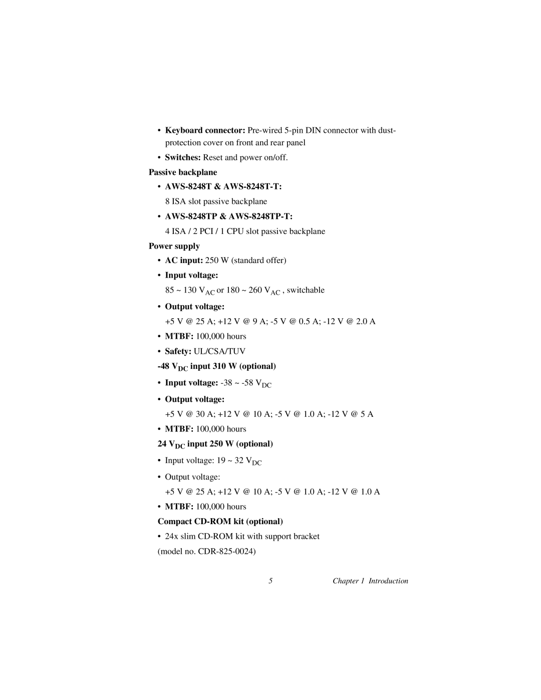 Advantech user manual Passive backplane AWS-8248T & AWS-8248T-T, AWS-8248TP & AWS-8248TP-T, Power supply, Input voltage 