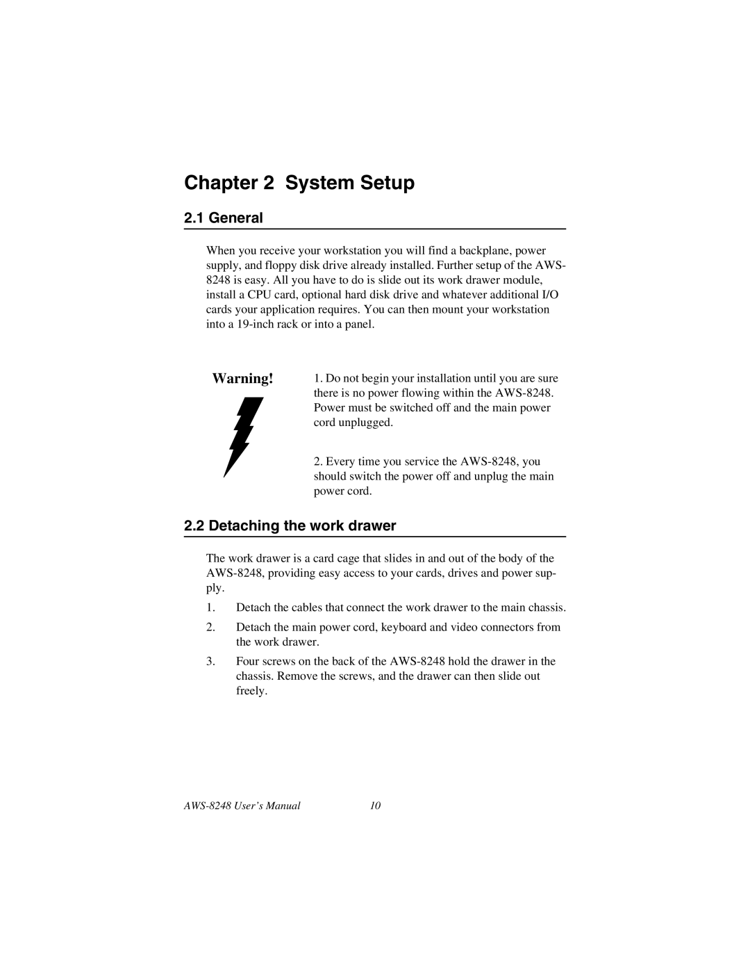 Advantech AWS-8248 user manual General, Detaching the work drawer 