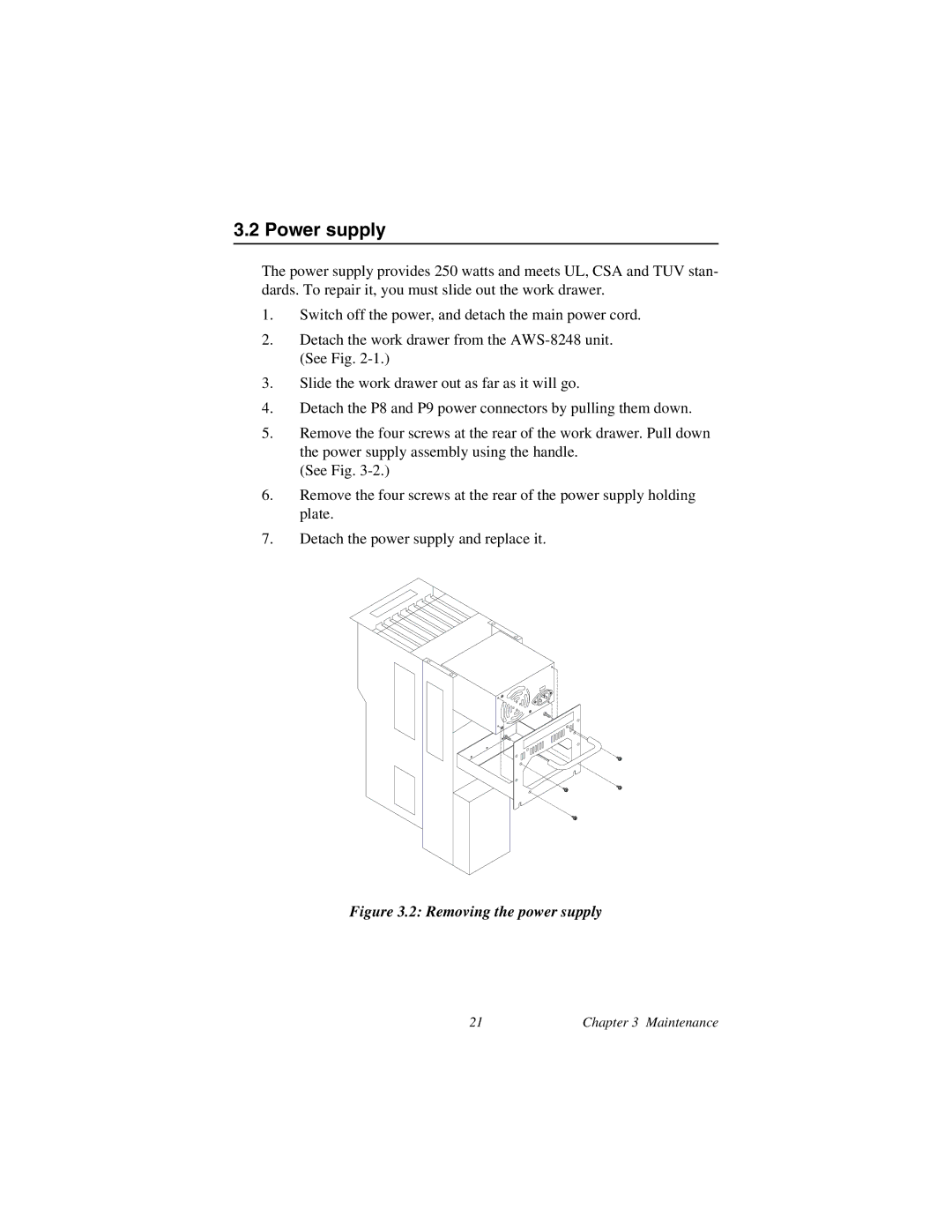 Advantech AWS-8248 user manual Power supply, Removing the power supply 