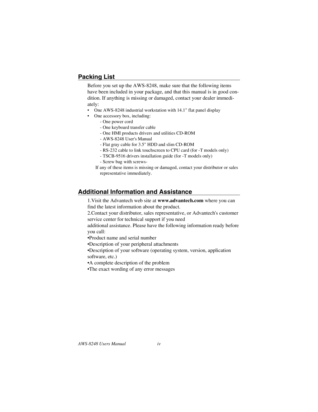 Advantech AWS-8248 user manual Packing List, Additional Information and Assistance 