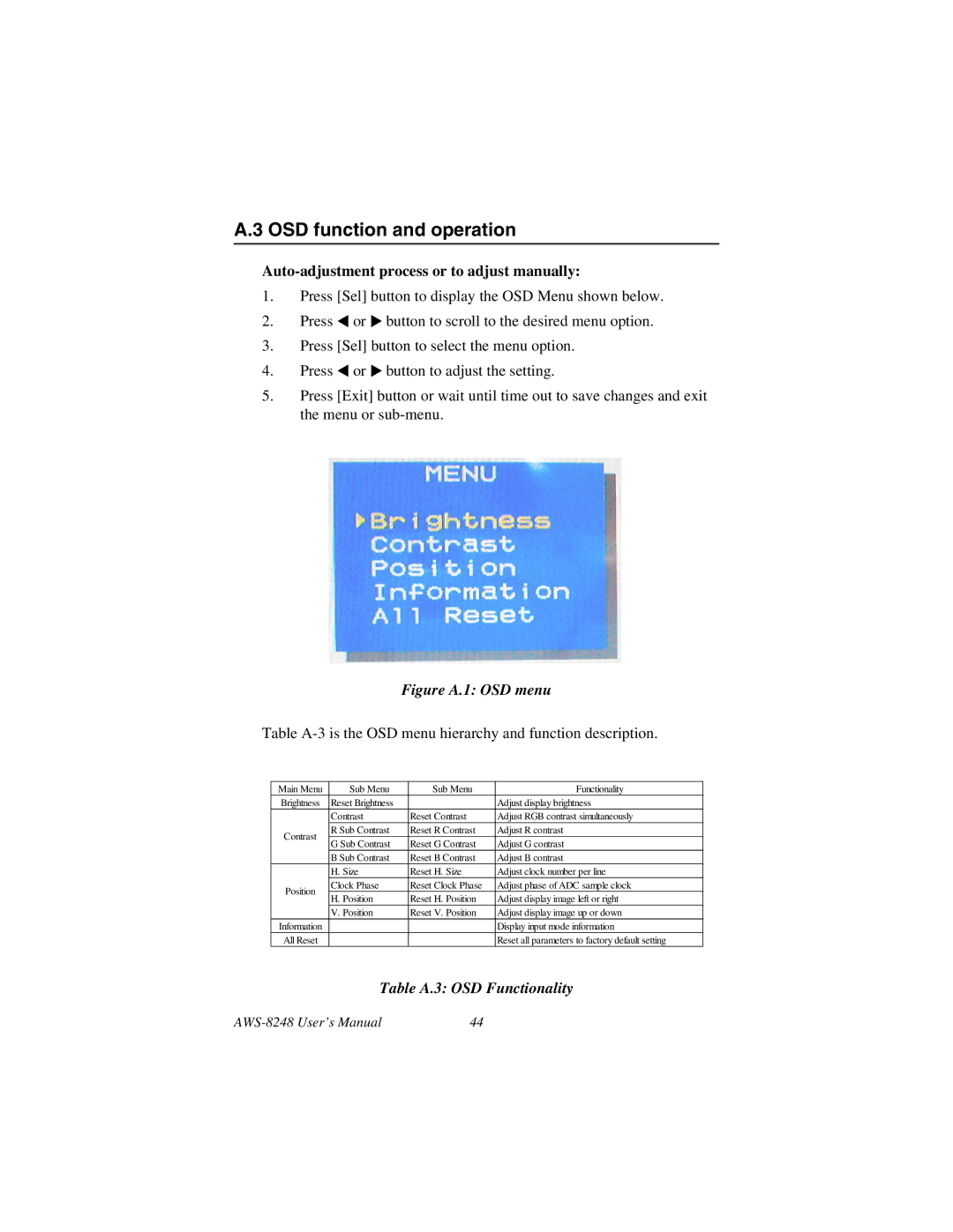 Advantech AWS-8248 user manual OSD function and operation, Auto-adjustment process or to adjust manually 