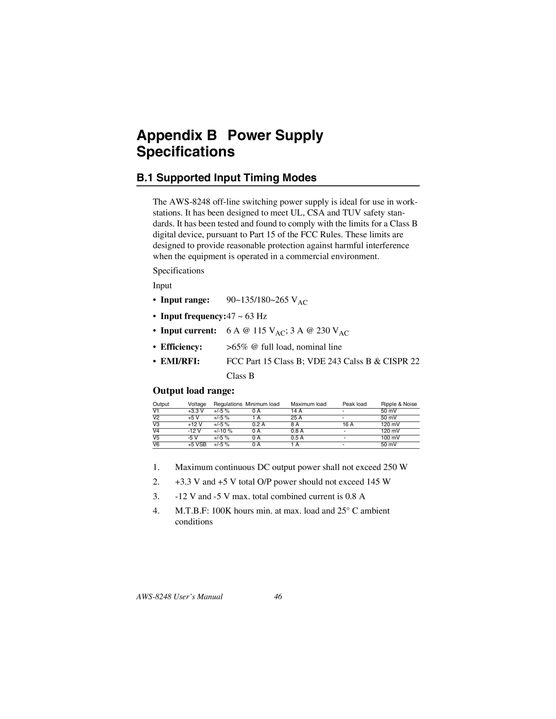 Advantech AWS-8248 user manual Appendix B Power Supply Specifications, Input frequency47 ~ 63 Hz 