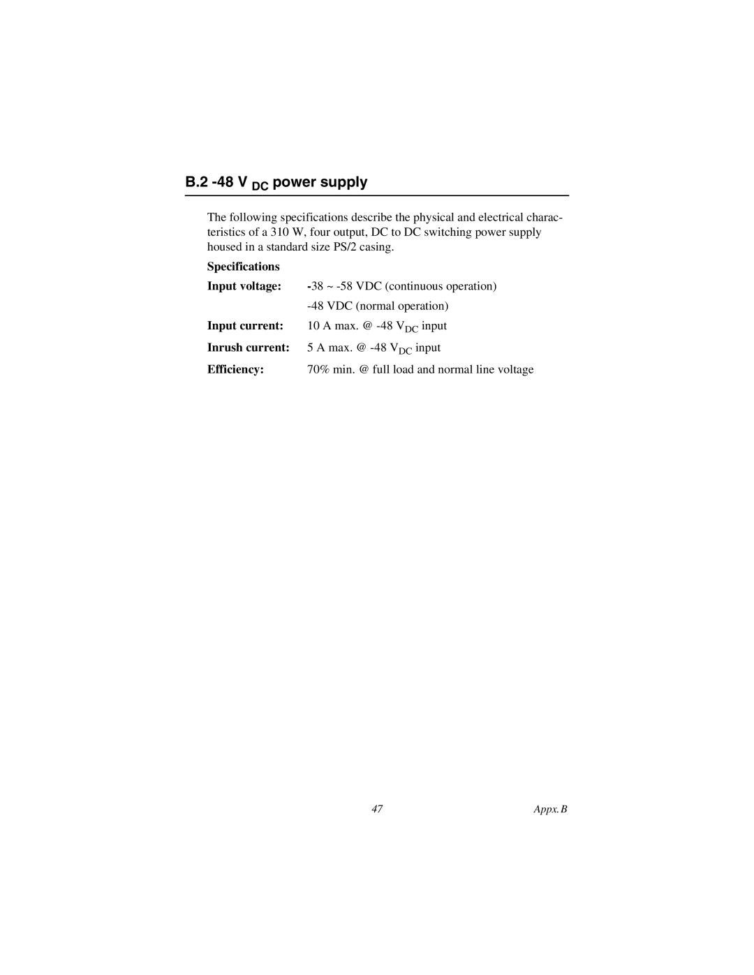 Advantech AWS-8248 user manual V DC power supply, Specifications Input voltage, Input current, Inrush current, Efficiency 