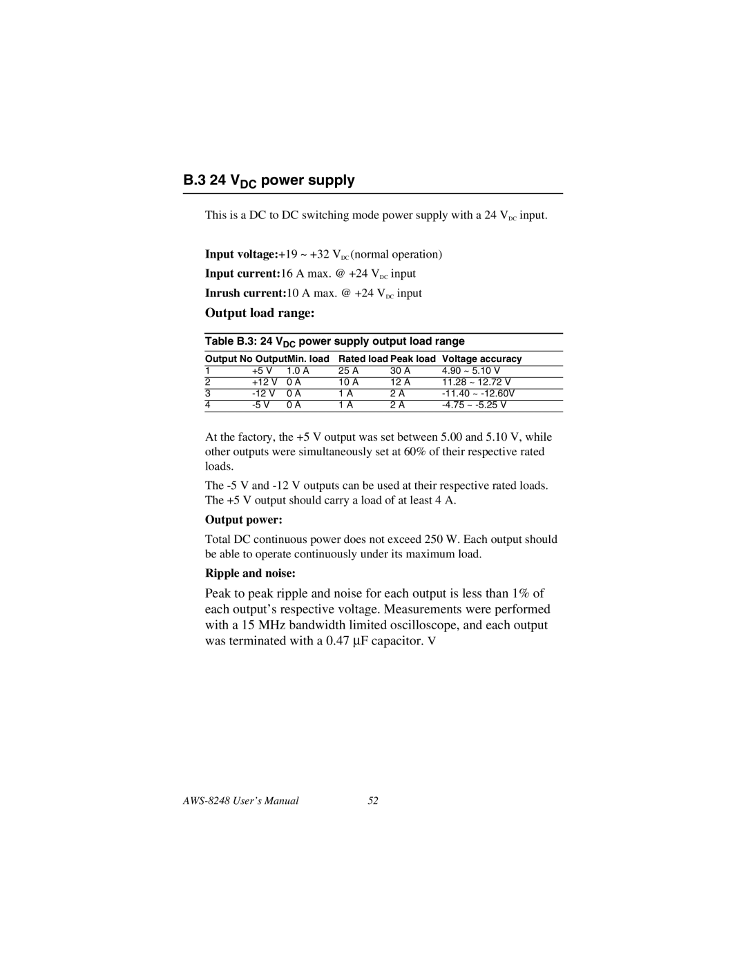 Advantech AWS-8248 user manual VDC power supply, Output power, Ripple and noise 