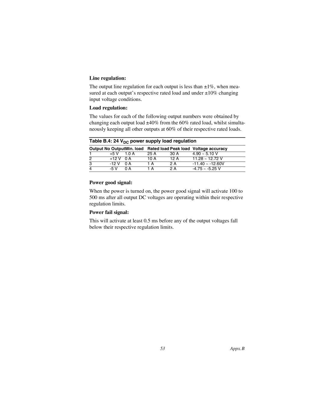 Advantech AWS-8248 user manual Line regulation, Load regulation, Power good signal, Power fail signal 