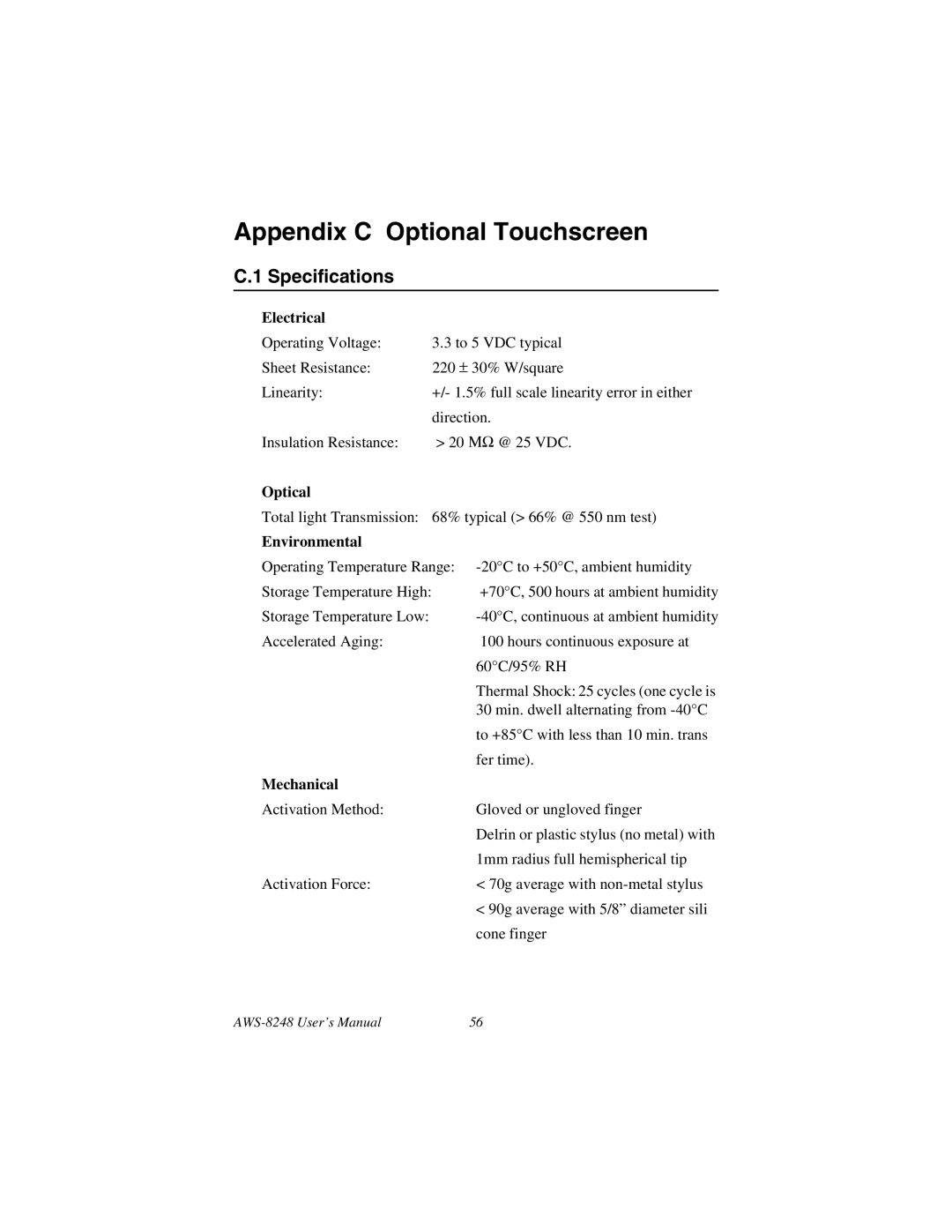 Advantech AWS-8248 user manual Electrical, Optical, Environmental, Mechanical 