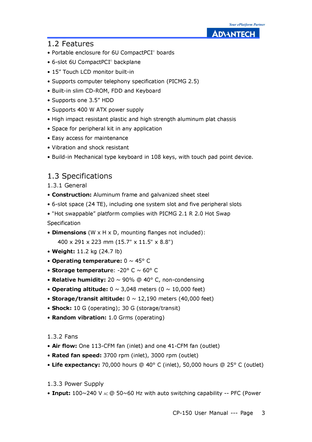 Advantech CP-150 manual Features, Specifications 