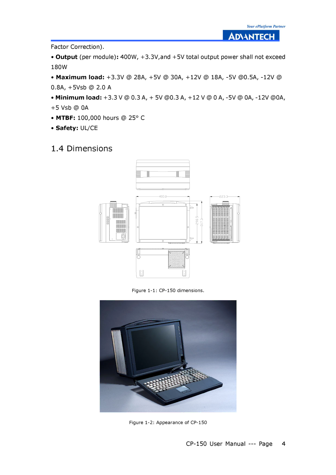 Advantech manual Dimensions, CP-150 dimensions 