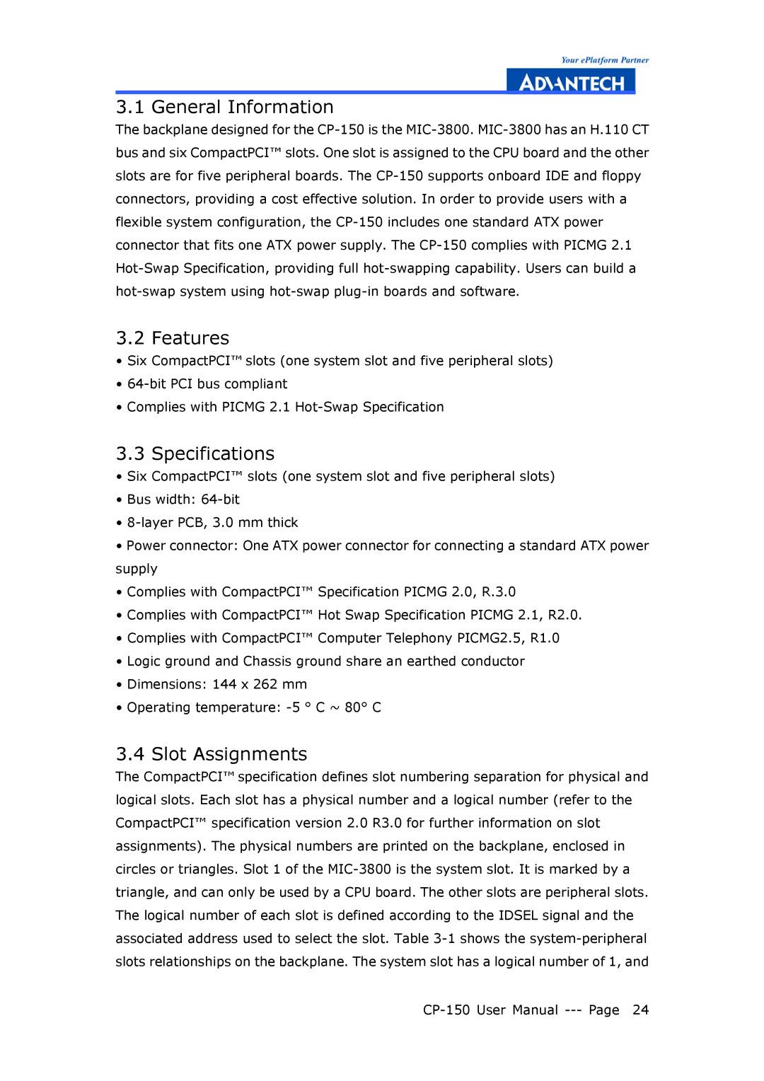 Advantech CP-150 manual General Information, Slot Assignments 