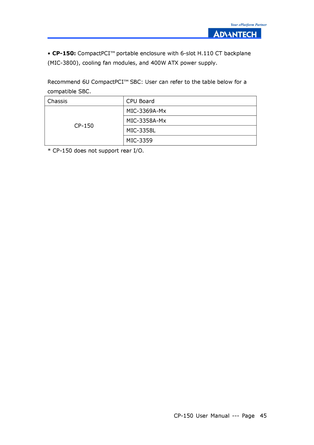 Advantech CP-150 manual 