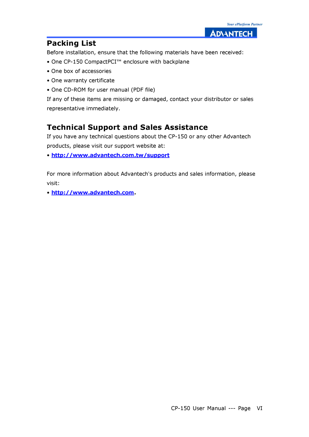 Advantech CP-150 manual Packing List 