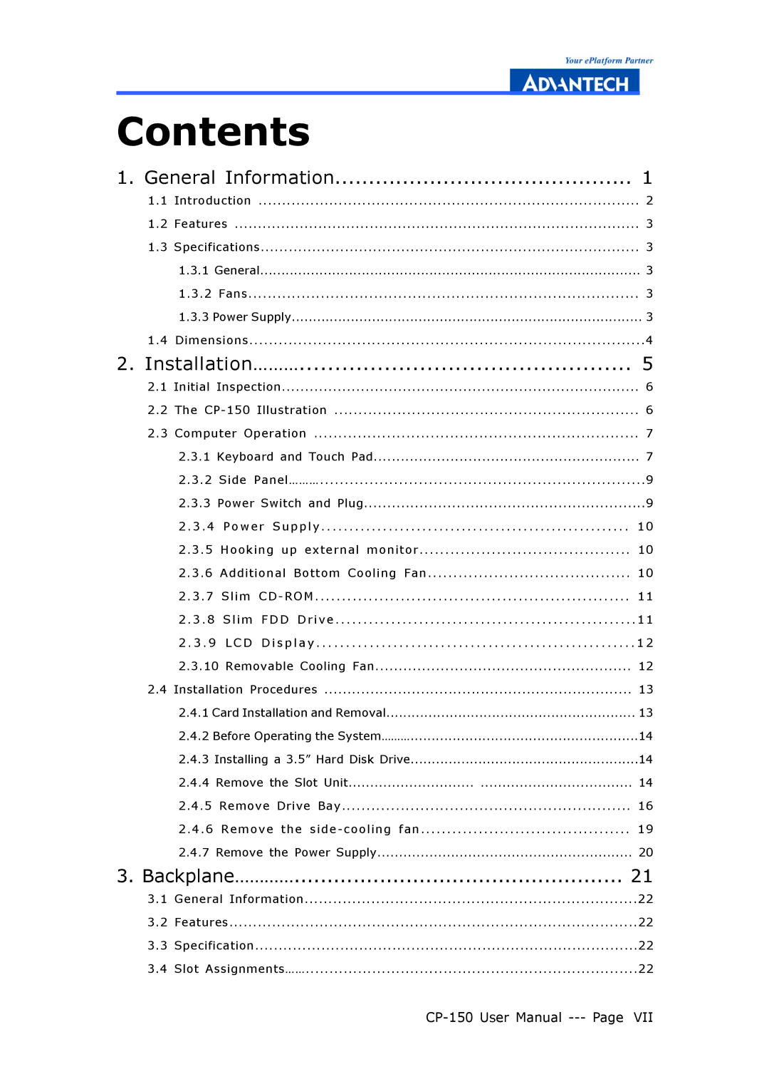 Advantech CP-150 manual Contents 