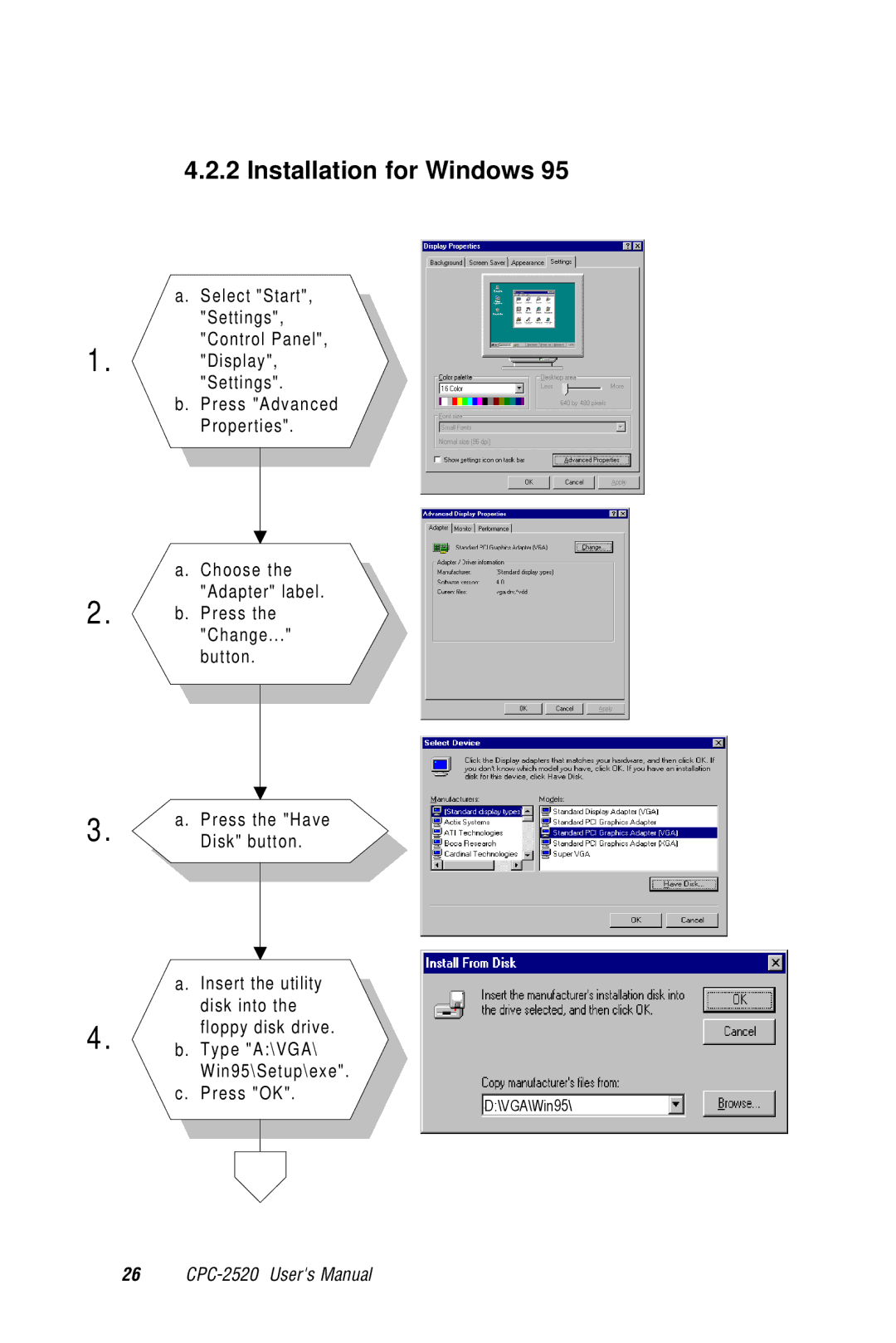 Advantech CPC-2520 user manual VGA\Win95 