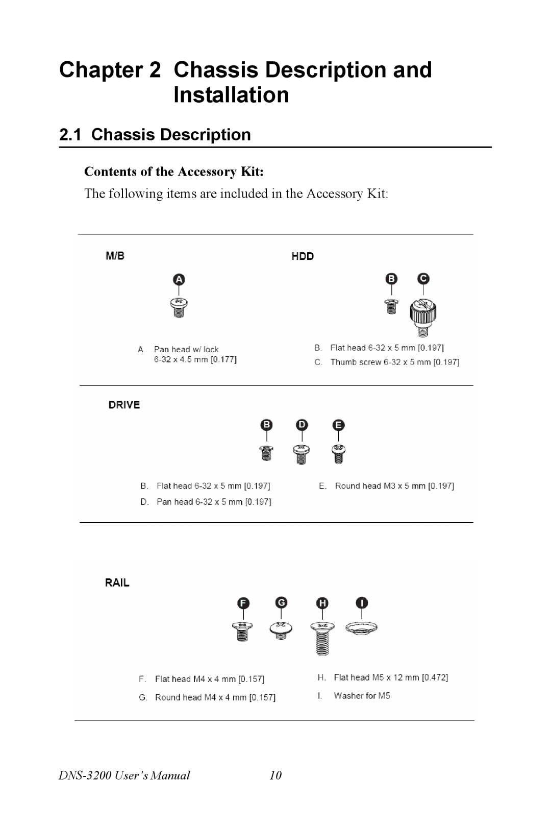 Advantech DNS-3200 user manual Chassis Description, Contents of the Accessory Kit 