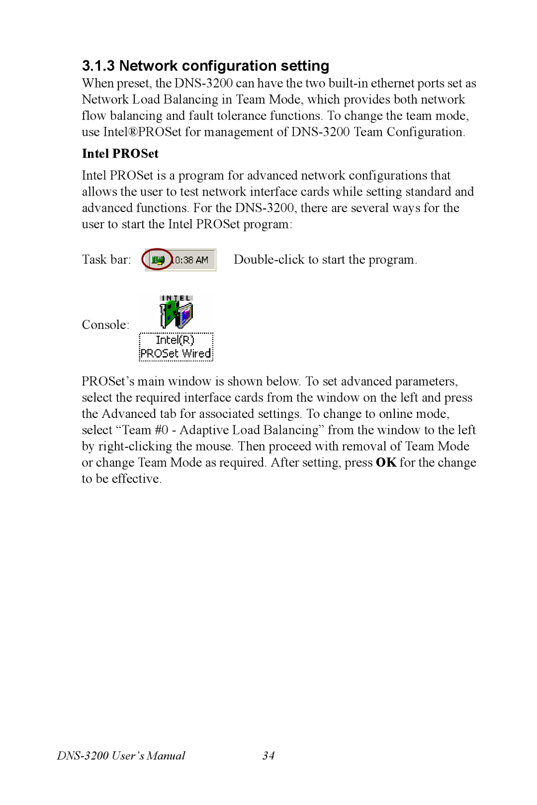 Advantech DNS-3200 user manual Network configuration setting, Intel PROSet 