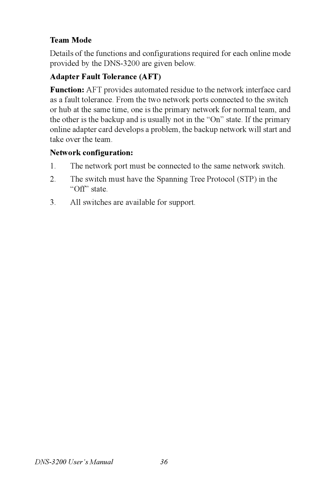 Advantech DNS-3200 user manual Team Mode, Adapter Fault Tolerance AFT, Network configuration 