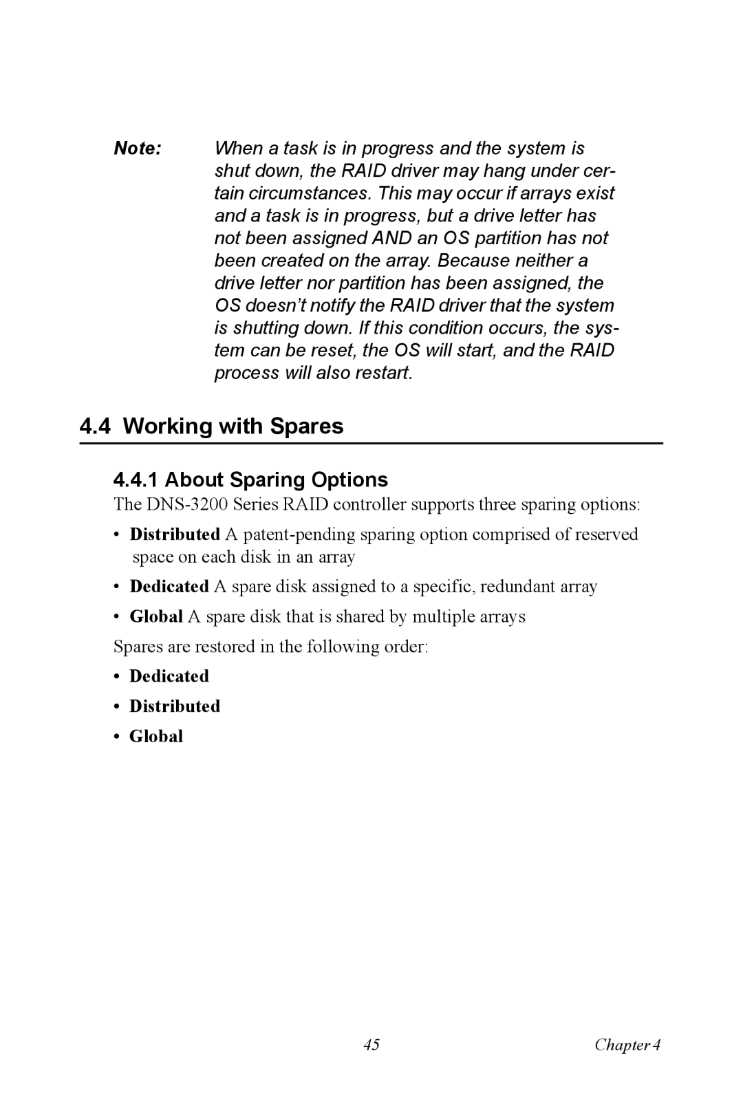 Advantech DNS-3200 user manual Working with Spares, About Sparing Options, Dedicated Distributed Global 