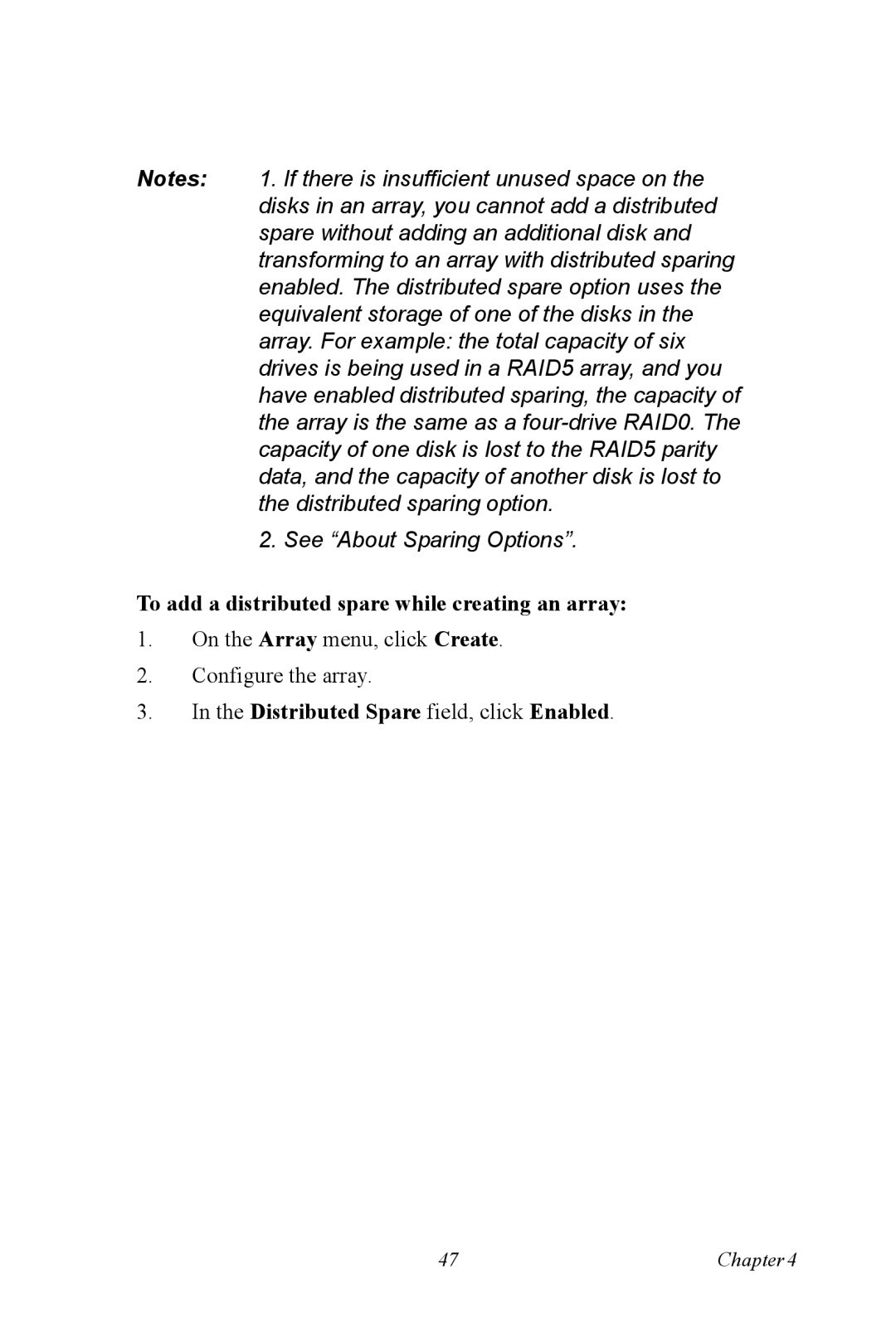 Advantech DNS-3200 user manual To add a distributed spare while creating an array, Distributed Spare field, click Enabled 