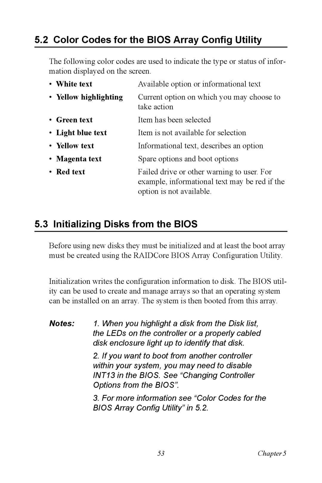 Advantech DNS-3200 user manual Color Codes for the Bios Array Config Utility, Initializing Disks from the Bios 