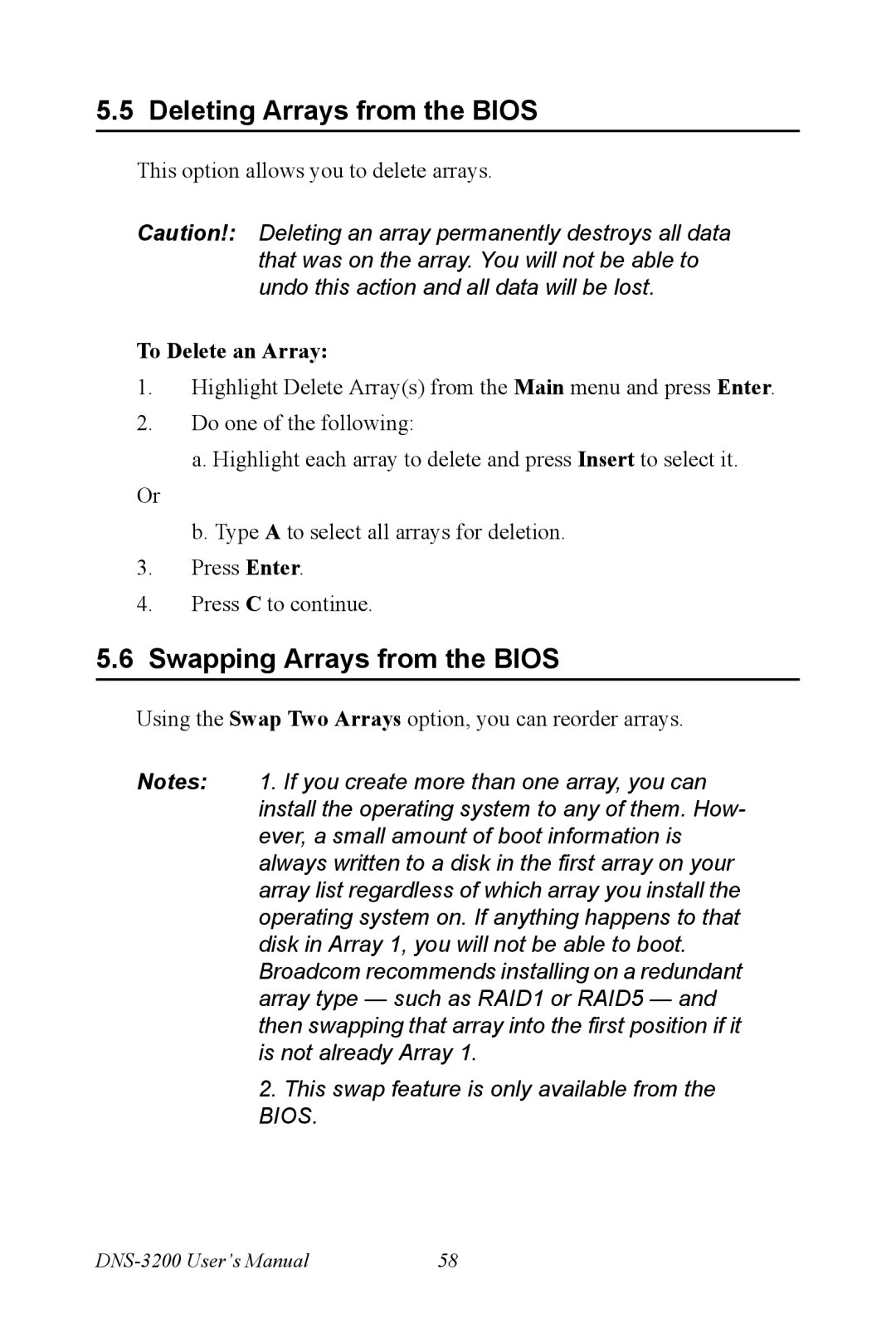 Advantech DNS-3200 user manual Deleting Arrays from the Bios, Swapping Arrays from the Bios, To Delete an Array 