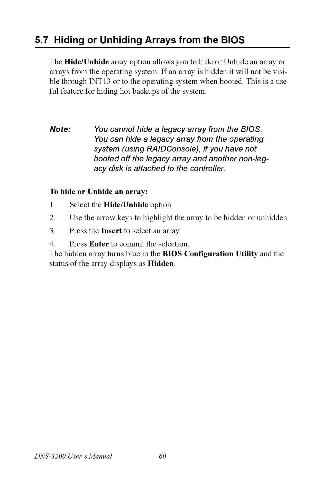 Advantech DNS-3200 user manual Hiding or Unhiding Arrays from the Bios, To hide or Unhide an array 