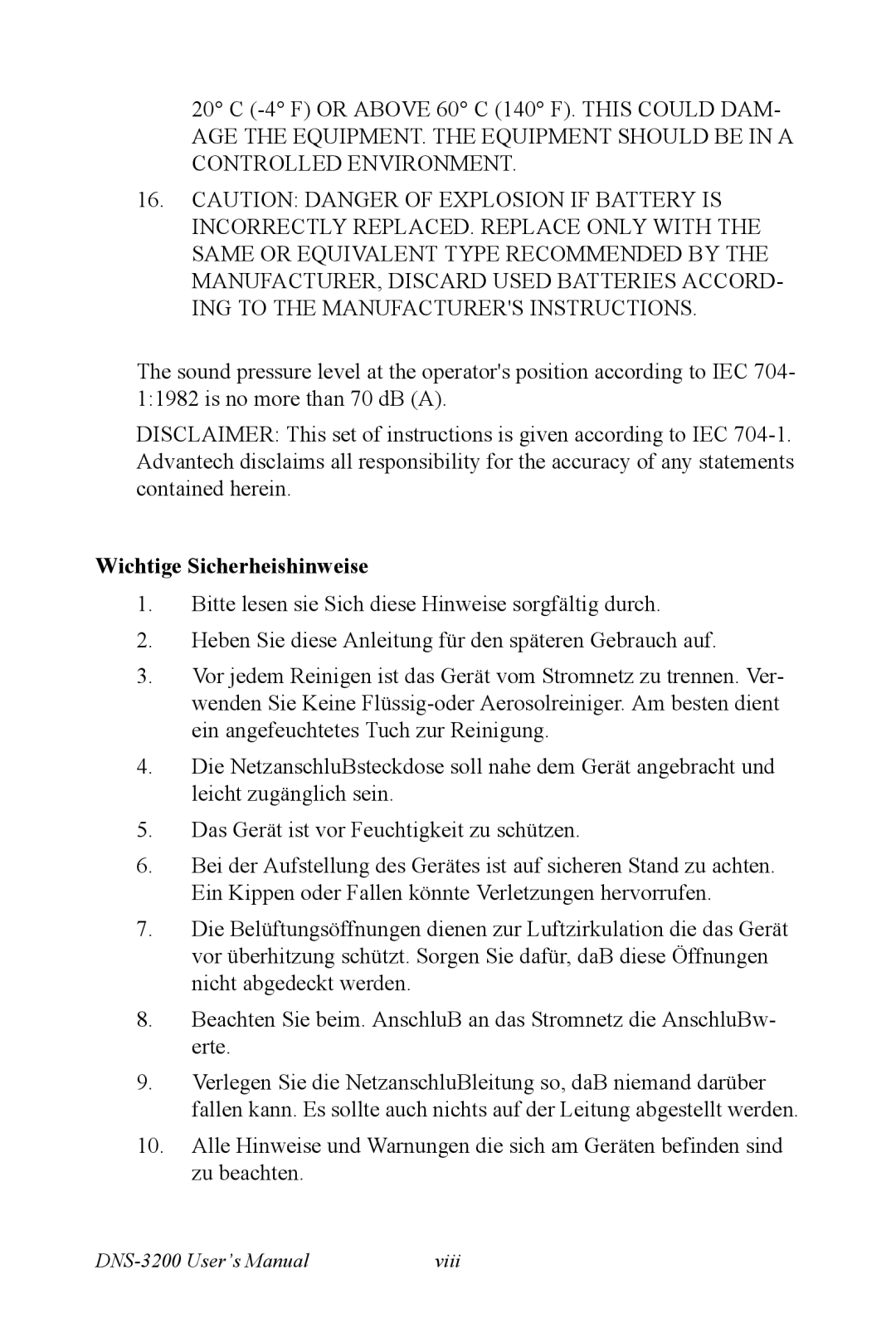 Advantech DNS-3200 user manual Wichtige Sicherheishinweise 