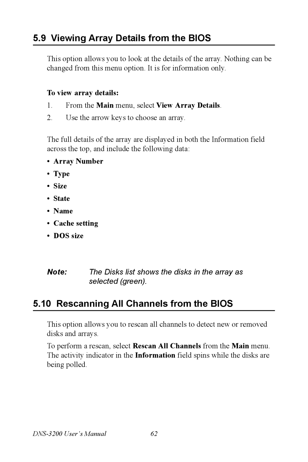 Advantech DNS-3200 Viewing Array Details from the Bios, Rescanning All Channels from the Bios, To view array details 