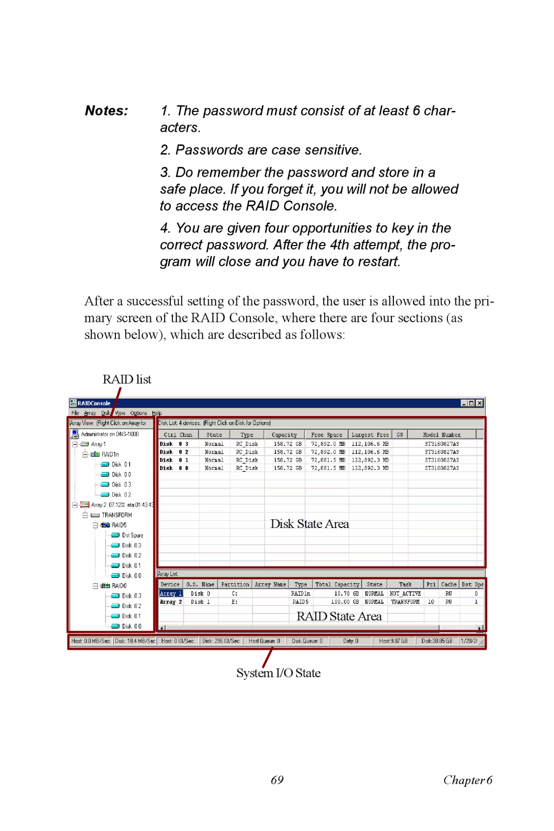 Advantech DNS-3200 user manual RAID list Disk State Area RAID State Area System I/O State 