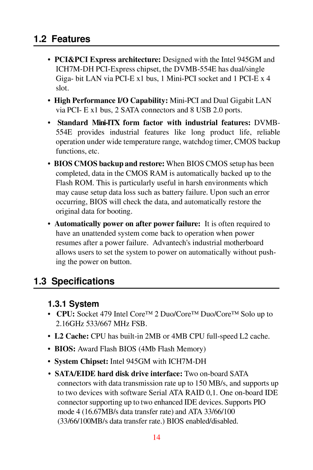 Advantech DVMB-554E user manual Features, Specifications, System 