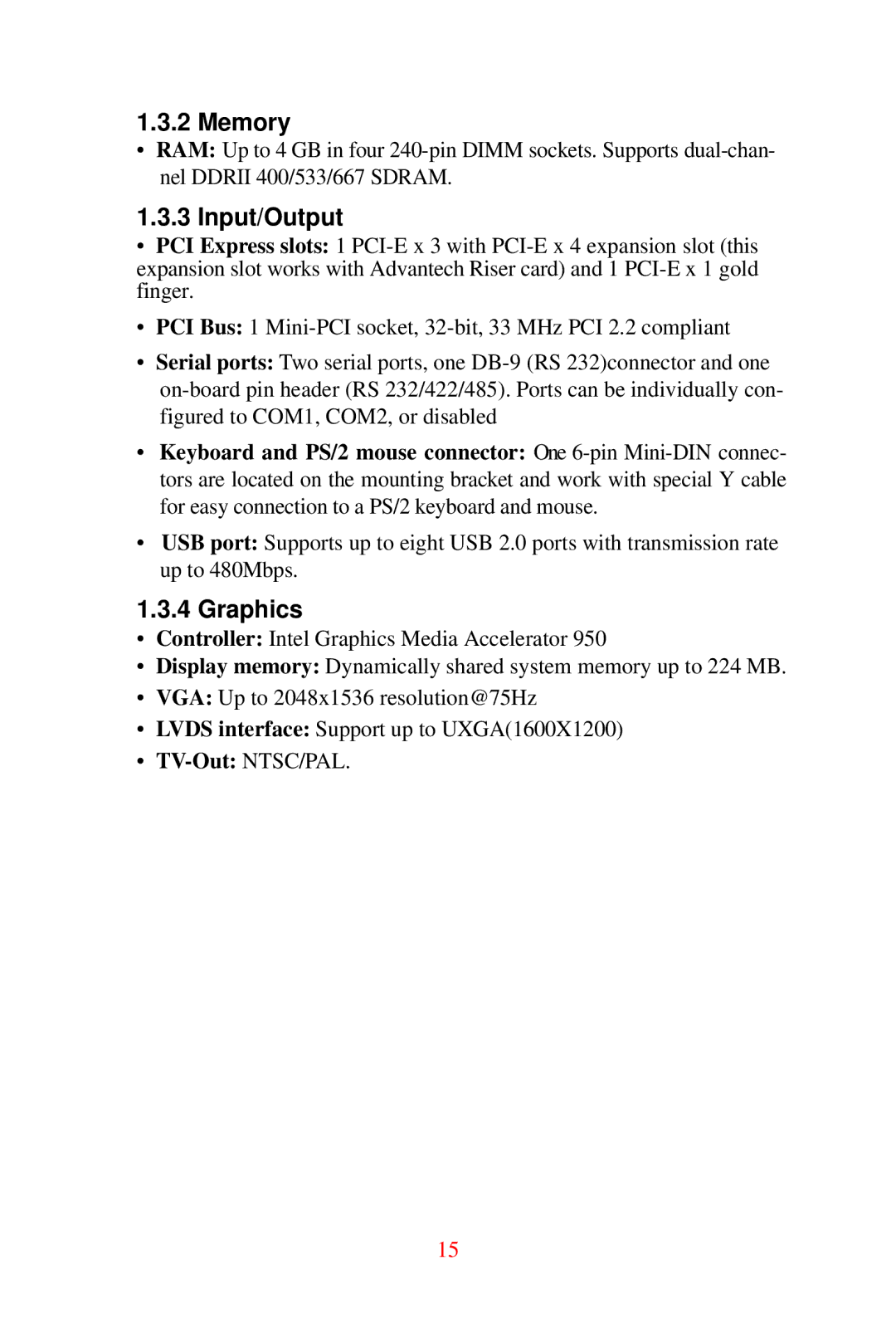 Advantech DVMB-554E user manual Memory, Input/Output, Graphics 