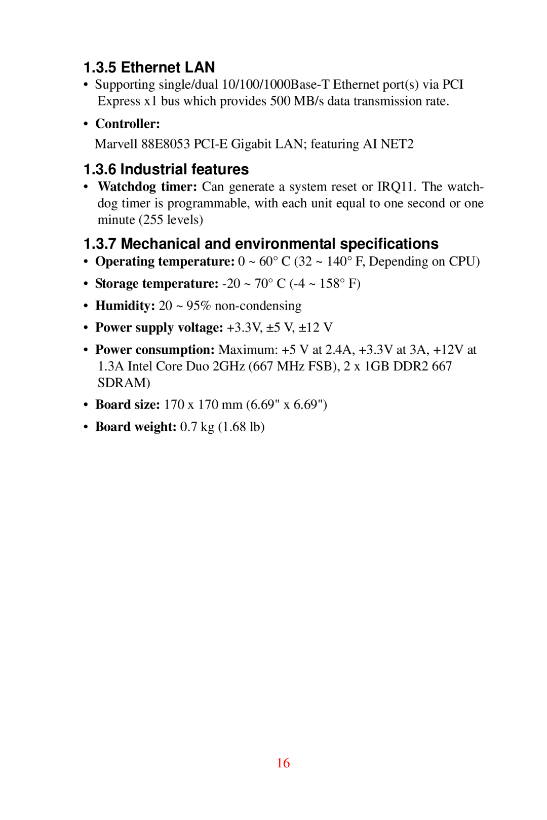 Advantech DVMB-554E user manual Ethernet LAN, Industrial features, Mechanical and environmental specifications 