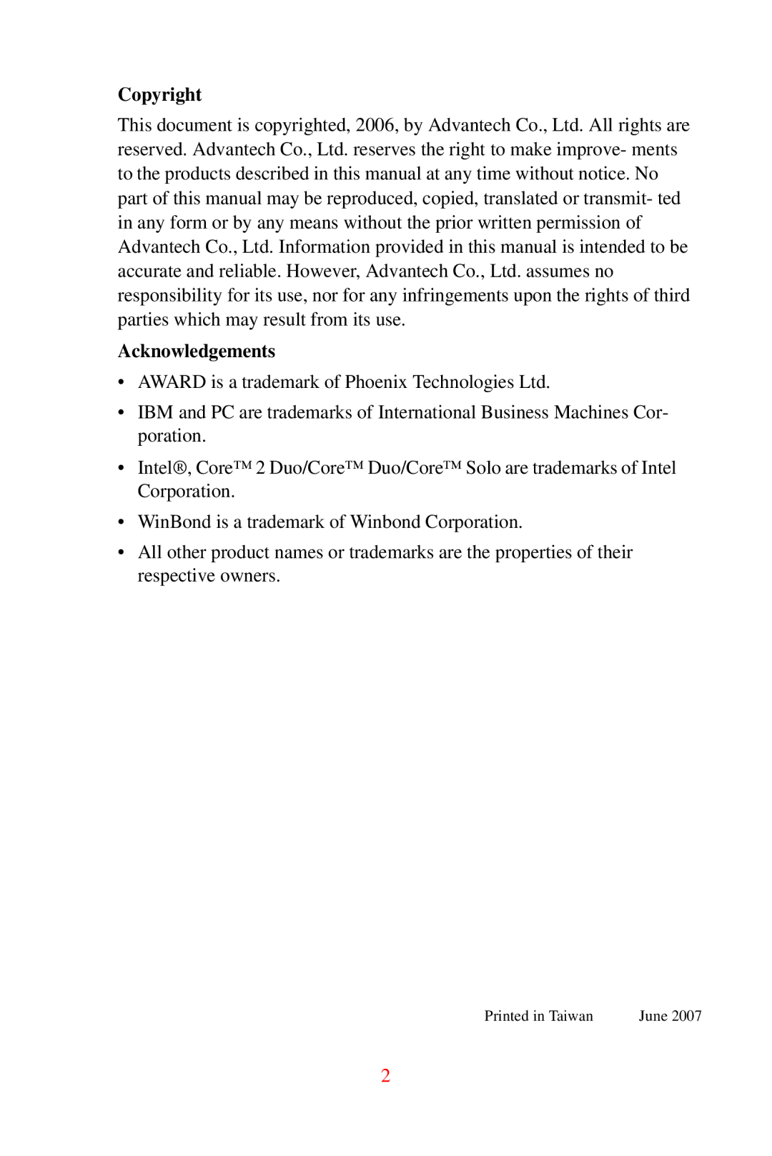 Advantech DVMB-554E user manual Copyright Acknowledgements 