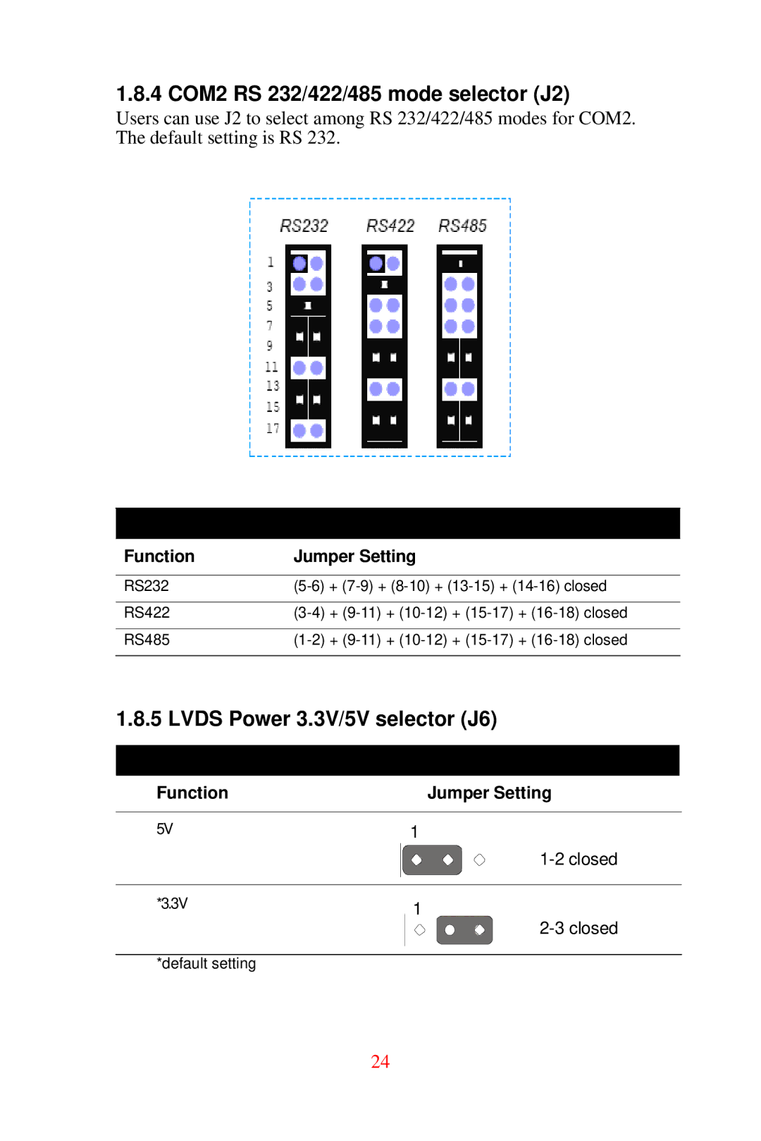 Advantech DVMB-554E user manual 4 COM2 RS 232/422/485 mode selector J2, Lvds Power 3.3V/5V selector J6 