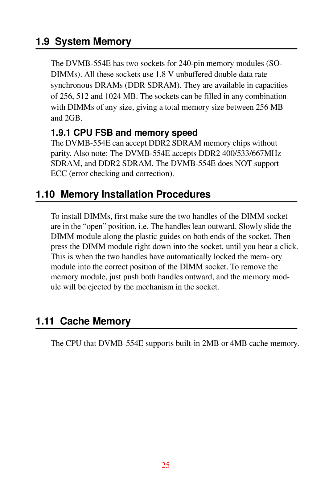 Advantech DVMB-554E user manual System Memory, Memory Installation Procedures, Cache Memory, CPU FSB and memory speed 