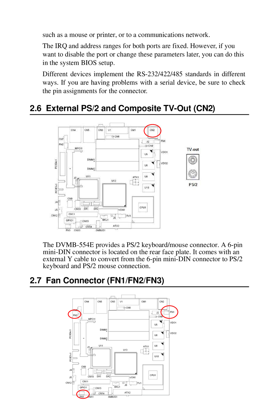 Advantech DVMB-554E user manual External PS/2 and Composite TV-Out CN2, Fan Connector FN1/FN2/FN3 