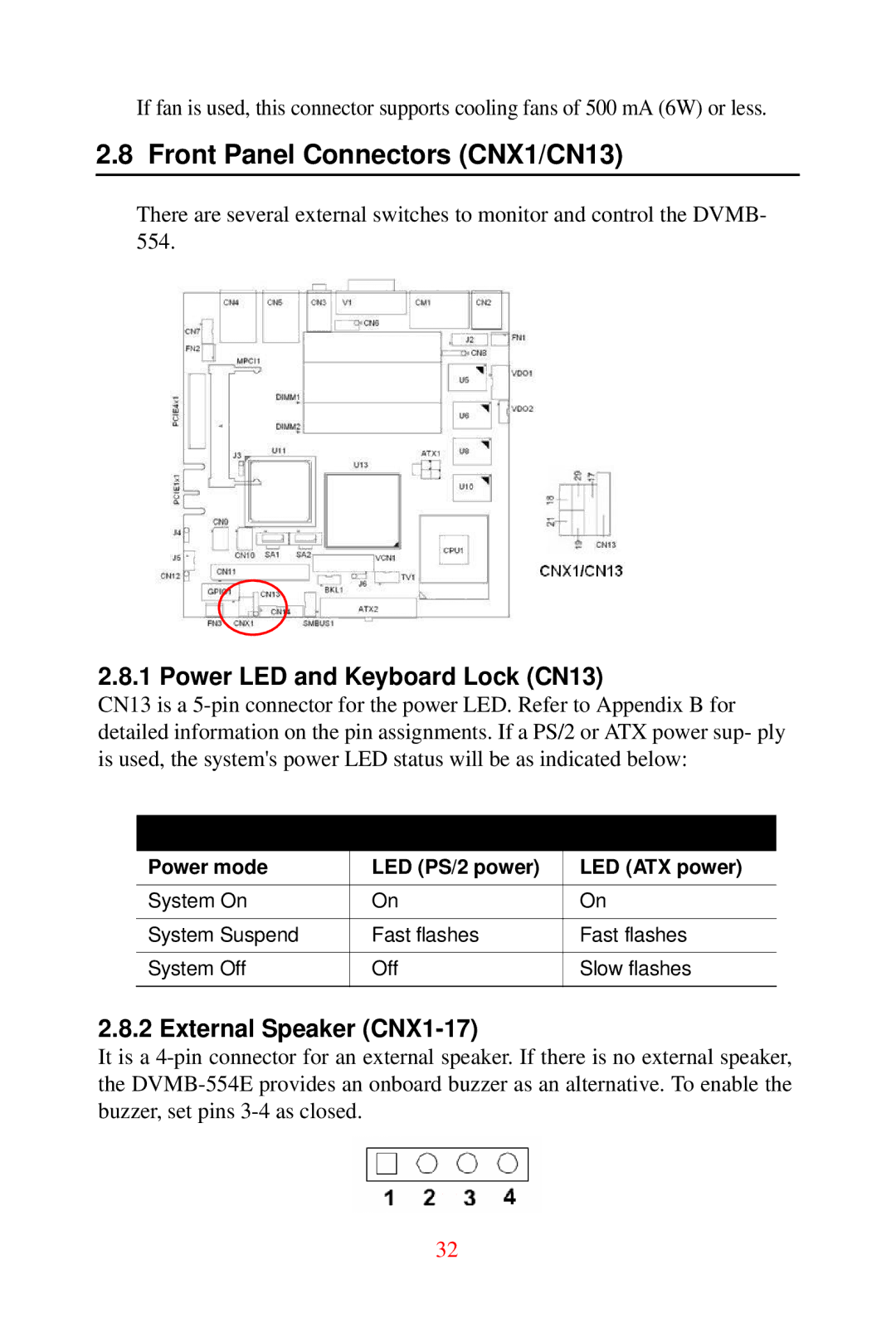 Advantech DVMB-554E Front Panel Connectors CNX1/CN13, Power LED and Keyboard Lock CN13, External Speaker CNX1-17 