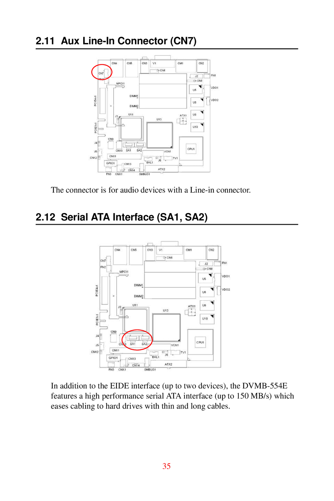 Advantech DVMB-554E user manual Aux Line-In Connector CN7, Serial ATA Interface SA1, SA2 