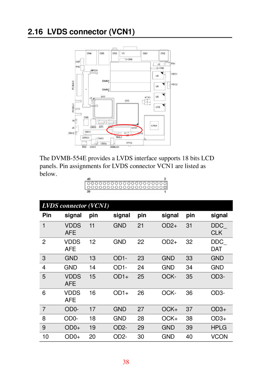 Advantech DVMB-554E user manual Lvds connector VCN1 