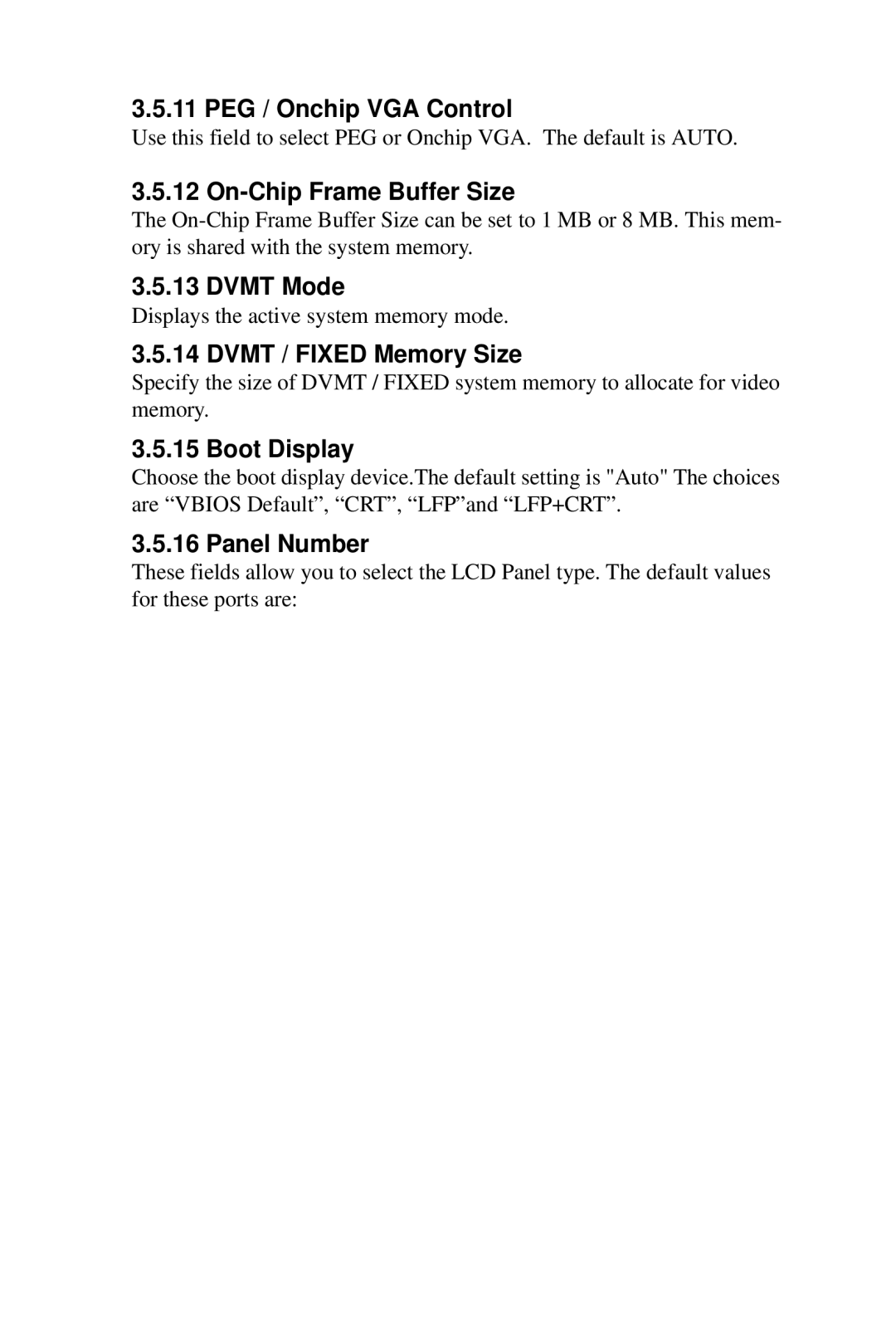 Advantech DVMB-554E PEG / Onchip VGA Control, On-Chip Frame Buffer Size, Dvmt Mode, Dvmt / Fixed Memory Size, Boot Display 