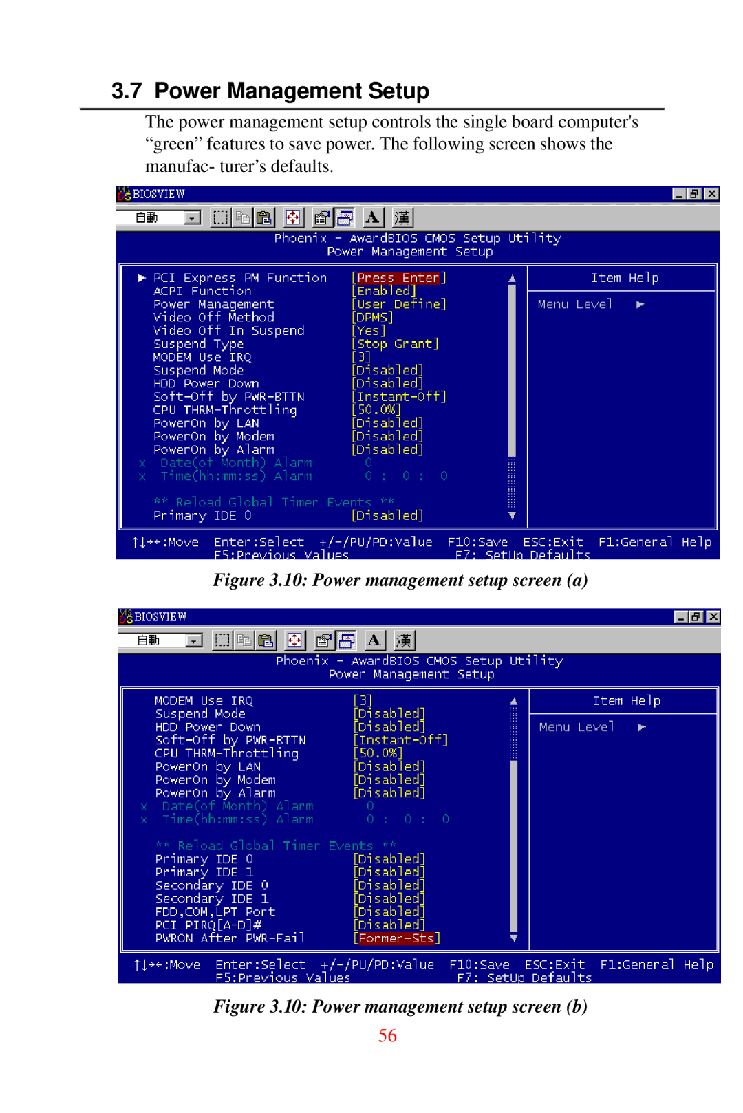 Advantech DVMB-554E user manual Power Management Setup, Power management setup screen a 