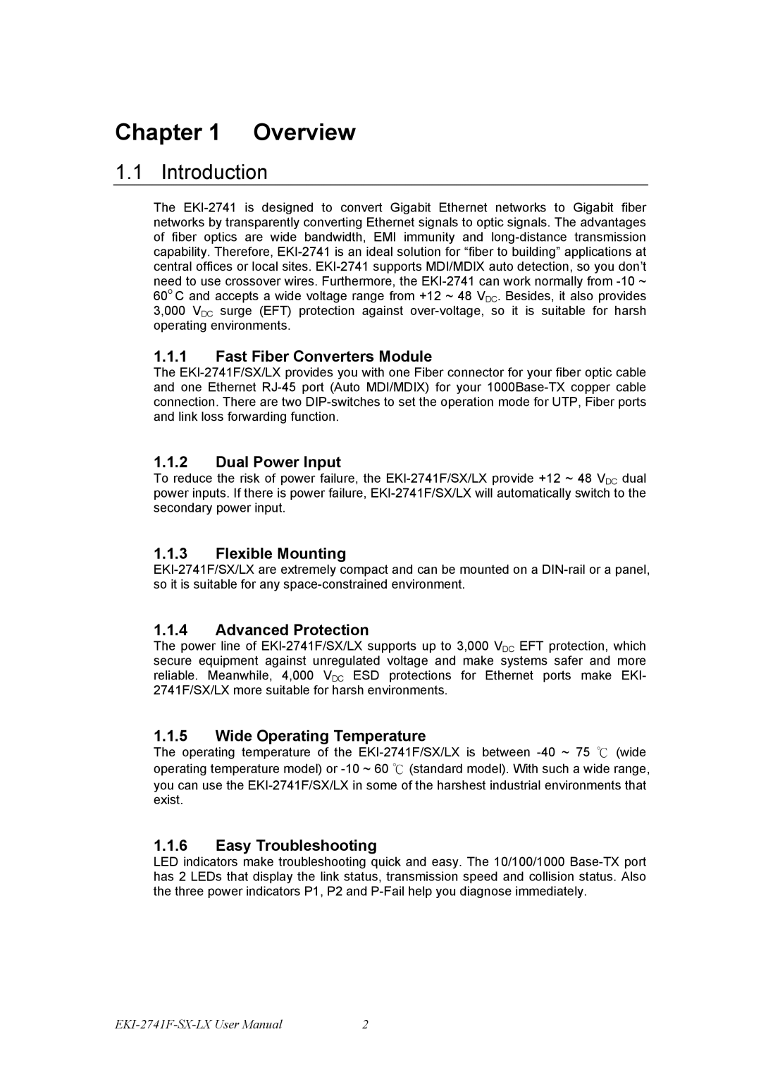 Advantech EKI-2741SX, EKI-12741F, EKI-2741LX, Fiber Optic Media Converter user manual Introduction 