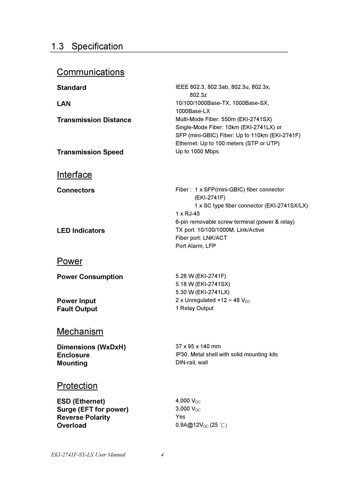 Advantech EKI-12741F, EKI-2741LX, EKI-2741SX Specification Communications, Interface, Power, Mechanism, Protection 