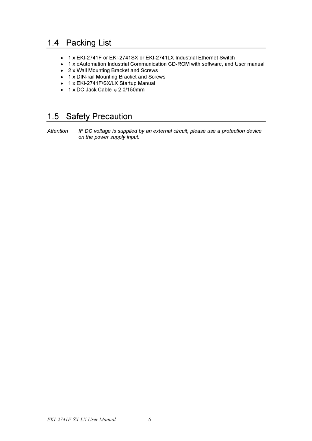 Advantech EKI-2741SX, EKI-12741F, EKI-2741LX, Fiber Optic Media Converter user manual Packing List, Safety Precaution 