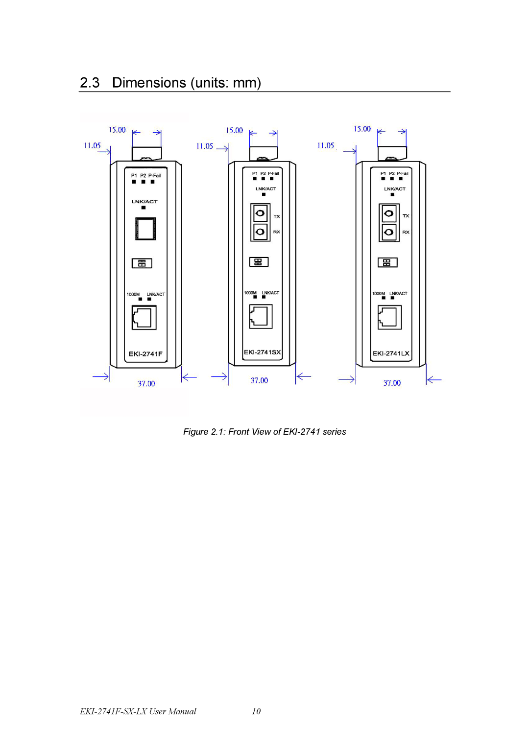 Advantech EKI-2741SX, EKI-12741F, EKI-2741LX, Fiber Optic Media Converter Dimensions units mm, Front View of EKI-2741 series 