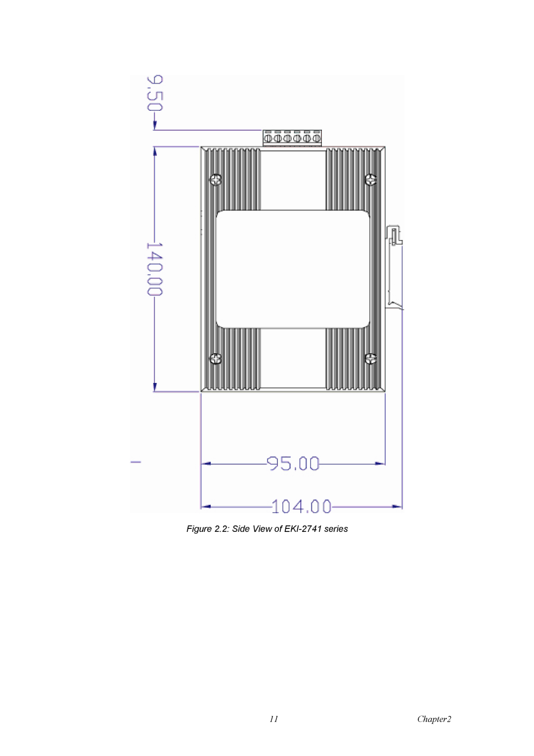 Advantech Fiber Optic Media Converter, EKI-12741F, EKI-2741LX, EKI-2741SX user manual Side View of EKI-2741 series 